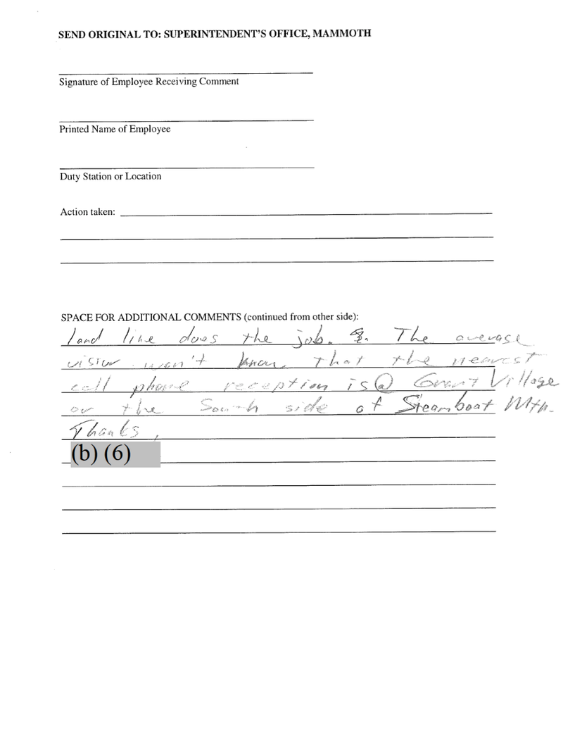 Complaint from a visitor to Yellowstone National Park